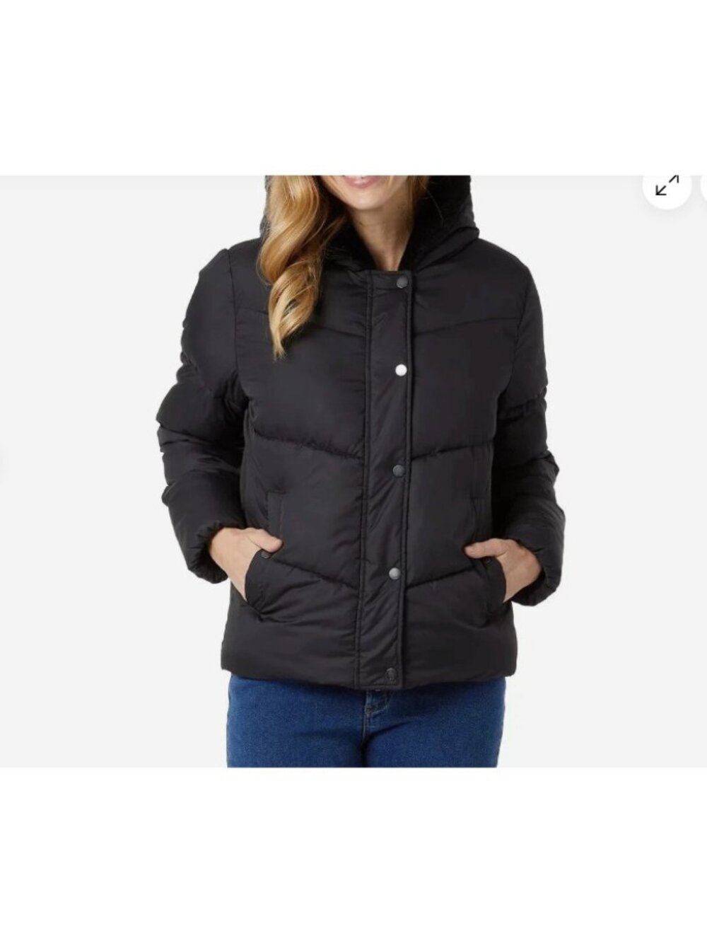 32 Degrees Heat Women's M Black Hooded Puffer Jacket Faux Fur Lining jck2